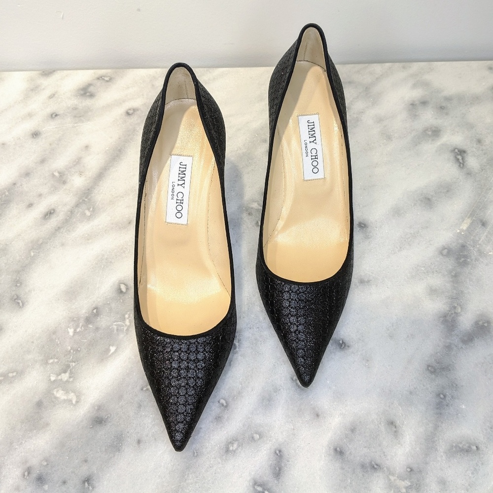 Jimmy Choo | Black Glitter Agnes Heels - Picture 3 of 7